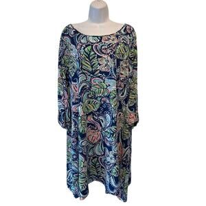 Lilly Pulitzer Edna Dress Hanging with Fronds 3/4 Sleeve Trapeze Swing  XL VGUC